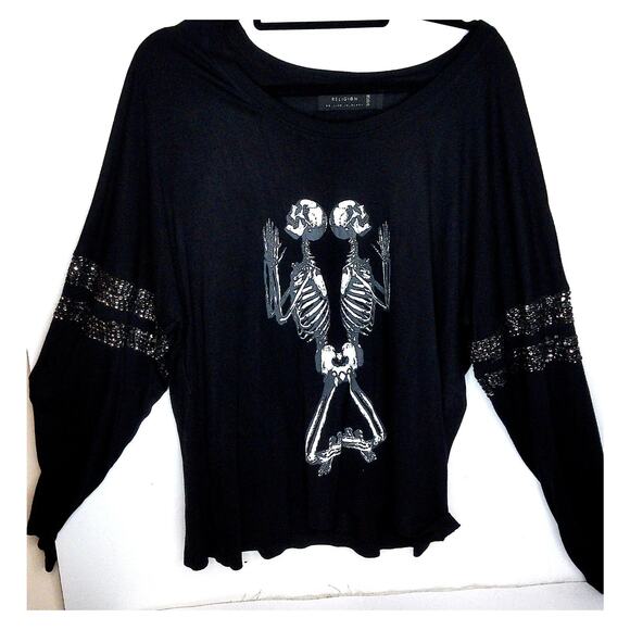 Religion We Live In Black Fusion Top Skeleton Rhinestone Top Size Small - Picture 1 of 6